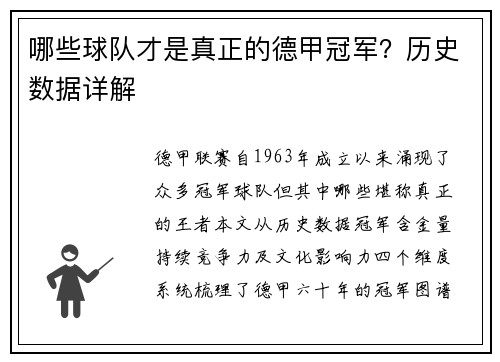 哪些球队才是真正的德甲冠军？历史数据详解